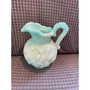 Vintage Avon Victorian Style Small Pitcher Jade Green Blue Milk Glass